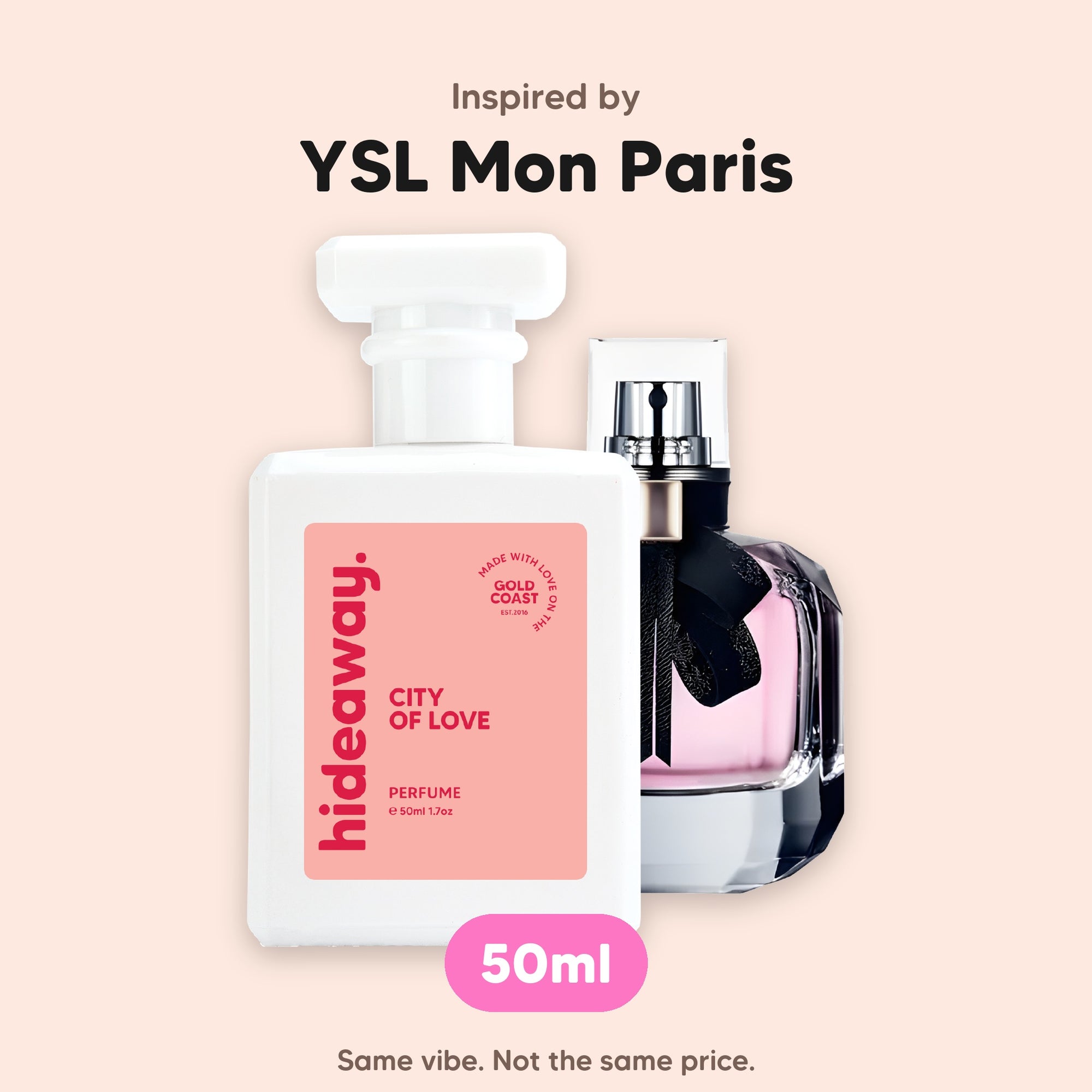 hideaway. City Of Love perfume 50ml beside the YSL Mon Paris bottle it is inspired by, handmade on the Gold Coast