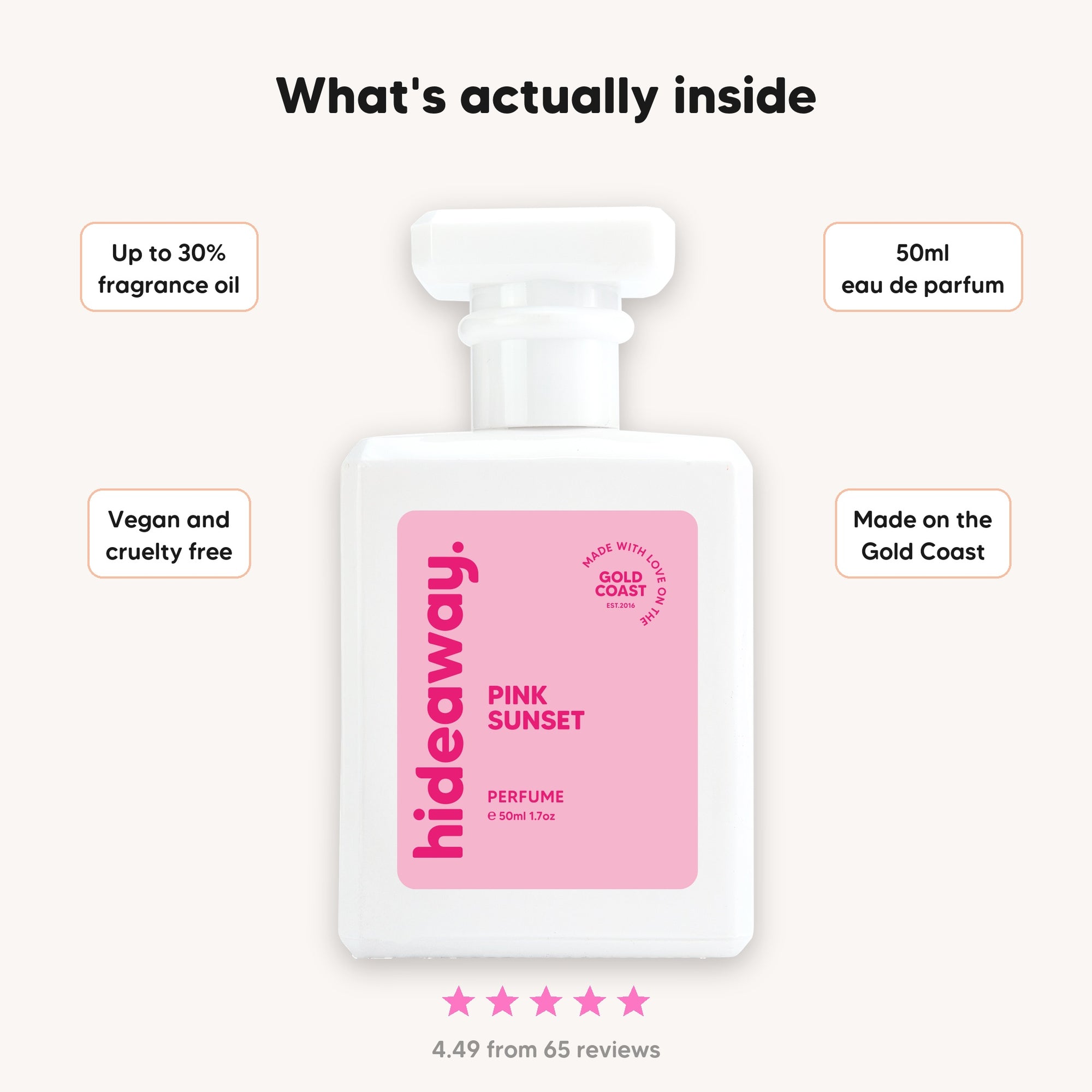 What's inside hideaway. Pink Sunset perfume, up to 30% fragrance oil, 50ml eau de parfum, vegan and cruelty free, made on the Gold Coast, rated 4.49 from 65 reviews
