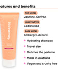 Mini Aurora Rouge Shampoo features, top notes Jasmine, Saffron, heart notes Cedarwood, base notes Ambergris Accord, travel size, vegan and cruelty free