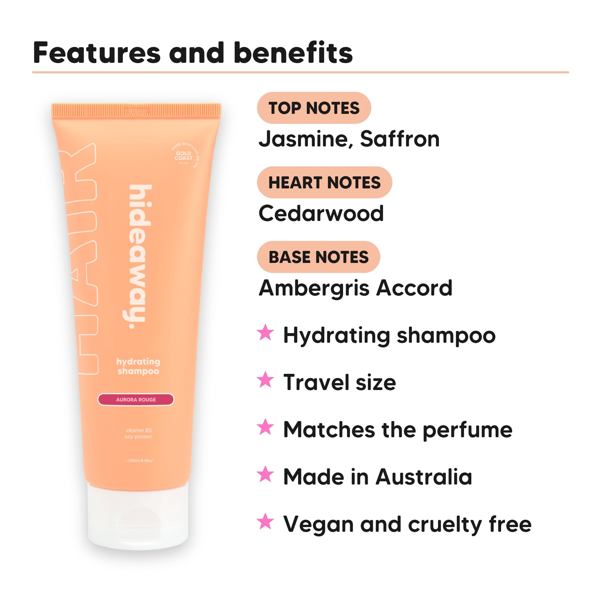 Mini Aurora Rouge Shampoo features, top notes Jasmine, Saffron, heart notes Cedarwood, base notes Ambergris Accord, travel size, vegan and cruelty free