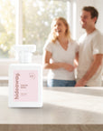 hideaway. Cedar Soul perfume 50ml bottle on a stone benchtop in a bright kitchen