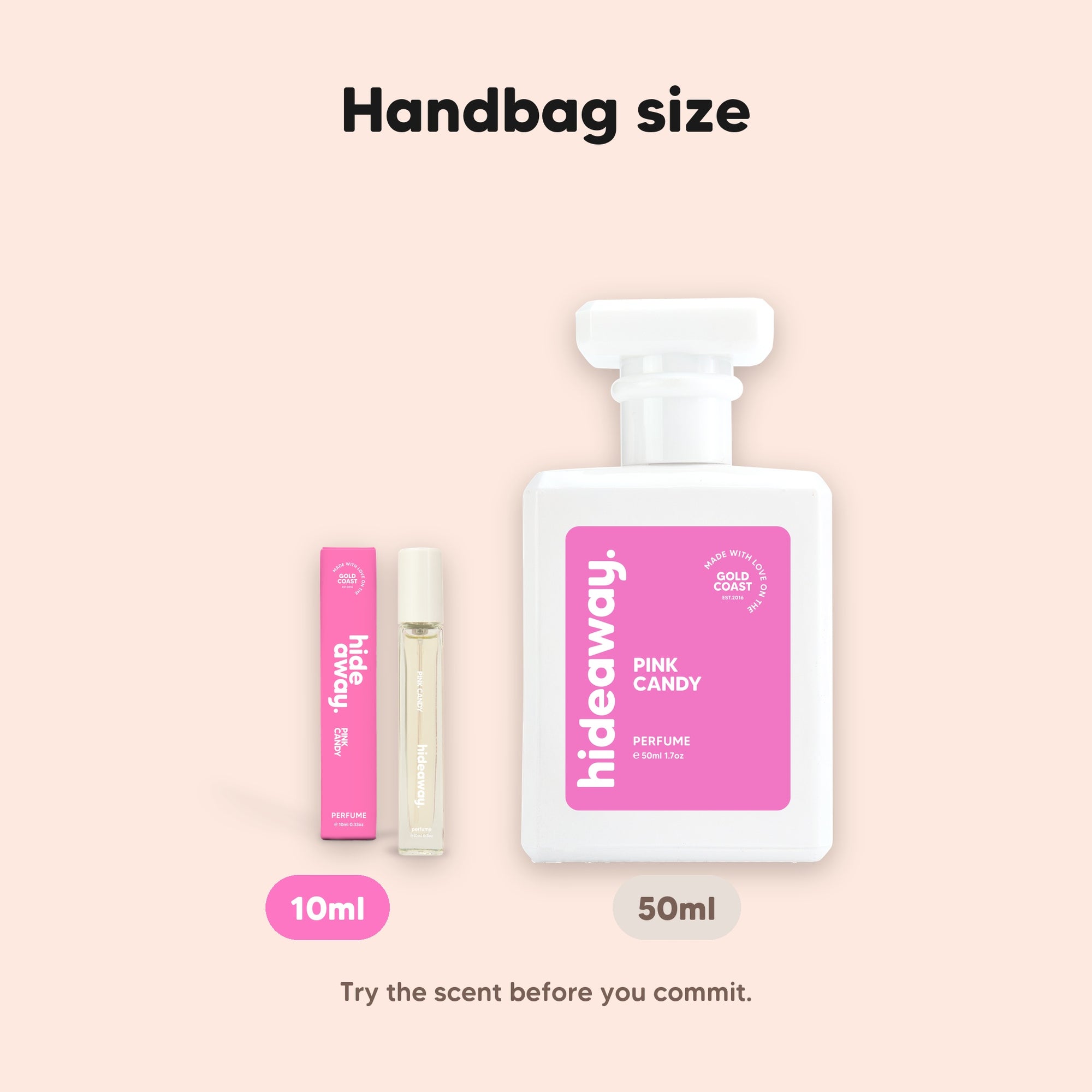 hideaway. Pink Candy perfume 10ml travel size beside the 50ml bottle, handbag size