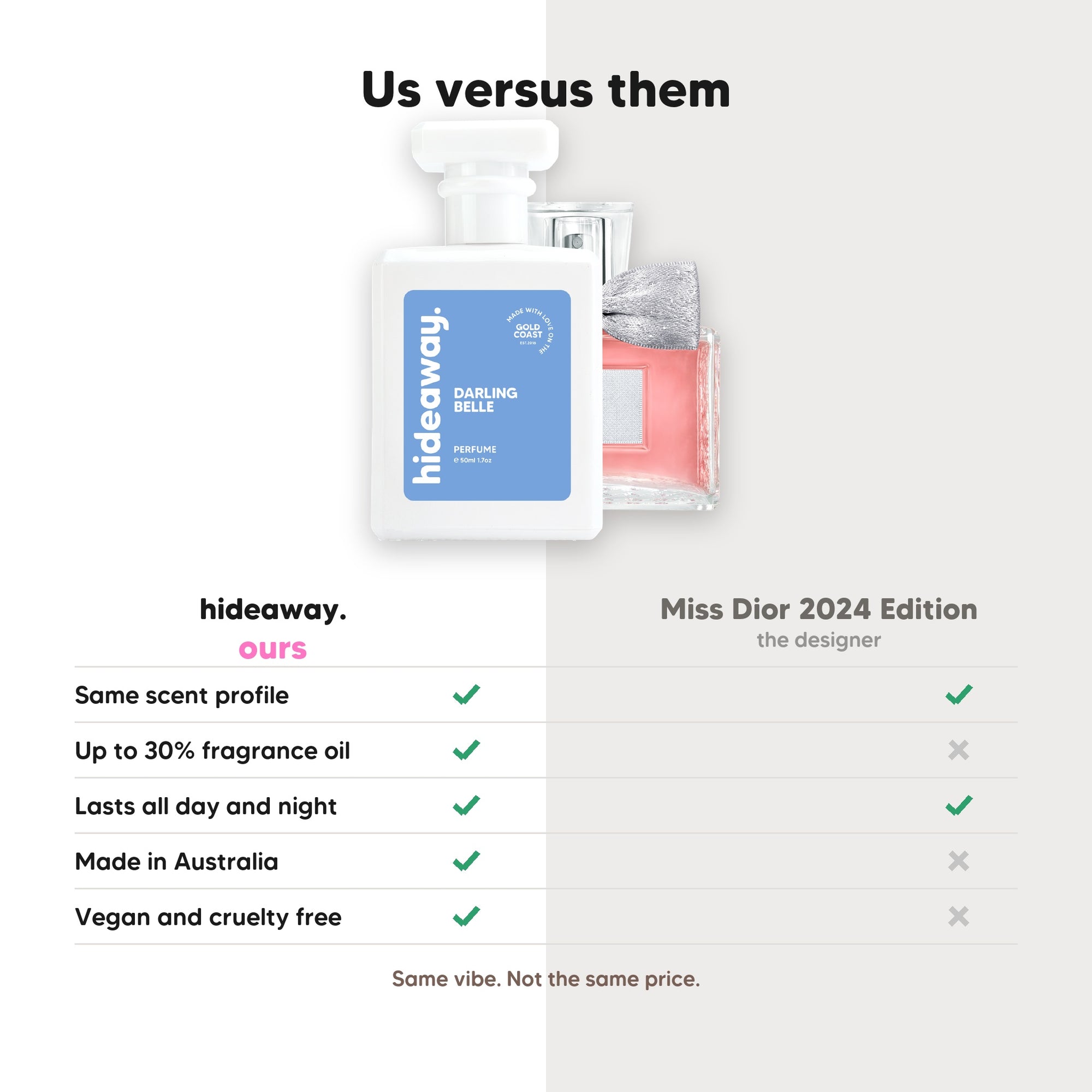 hideaway. Darling Belle perfume compared to Miss Dior 2024 Edition, same scent profile and up to 30% fragrance oil, made in Australia, vegan and cruelty free
