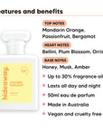 Chasing Sunlight perfume scent notes, top notes Mandarin Orange, Passionfruit, Bergamot, heart notes Bellini, Plum Blossom, Orris, base notes Honey, Musk, Amber