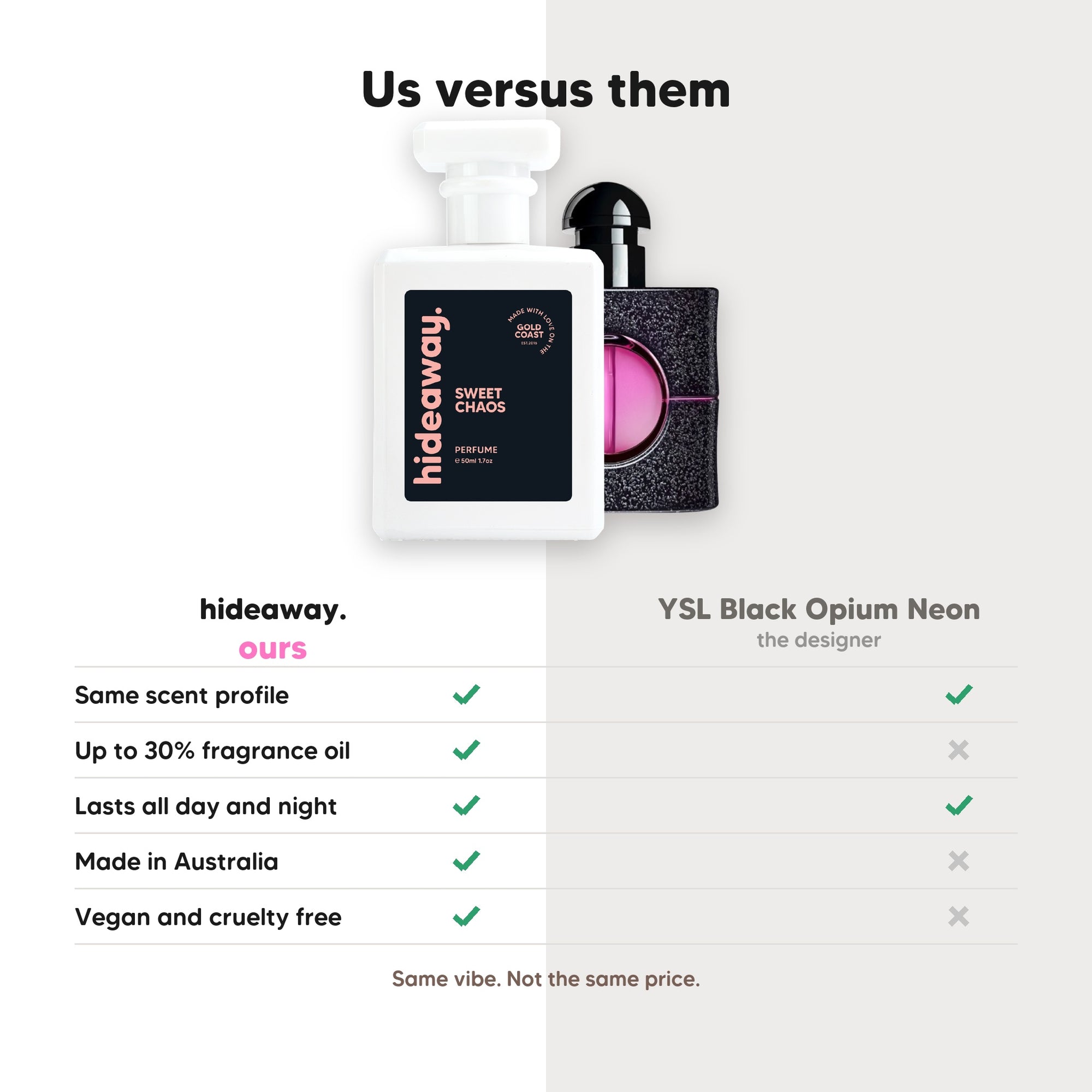 hideaway. Sweet Chaos perfume compared to YSL Black Opium Neon, same scent profile and up to 30% fragrance oil, made in Australia, vegan and cruelty free