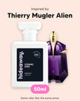hideaway. Cosmic Kiss perfume 50ml beside the Thierry Mugler Alien bottle it is inspired by, handmade on the Gold Coast