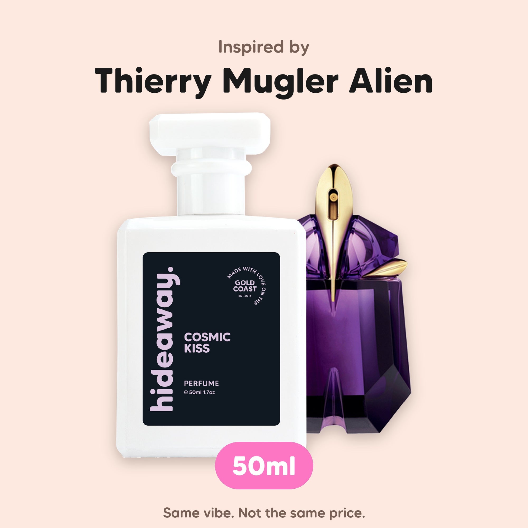 hideaway. Cosmic Kiss perfume 50ml beside the Thierry Mugler Alien bottle it is inspired by, handmade on the Gold Coast