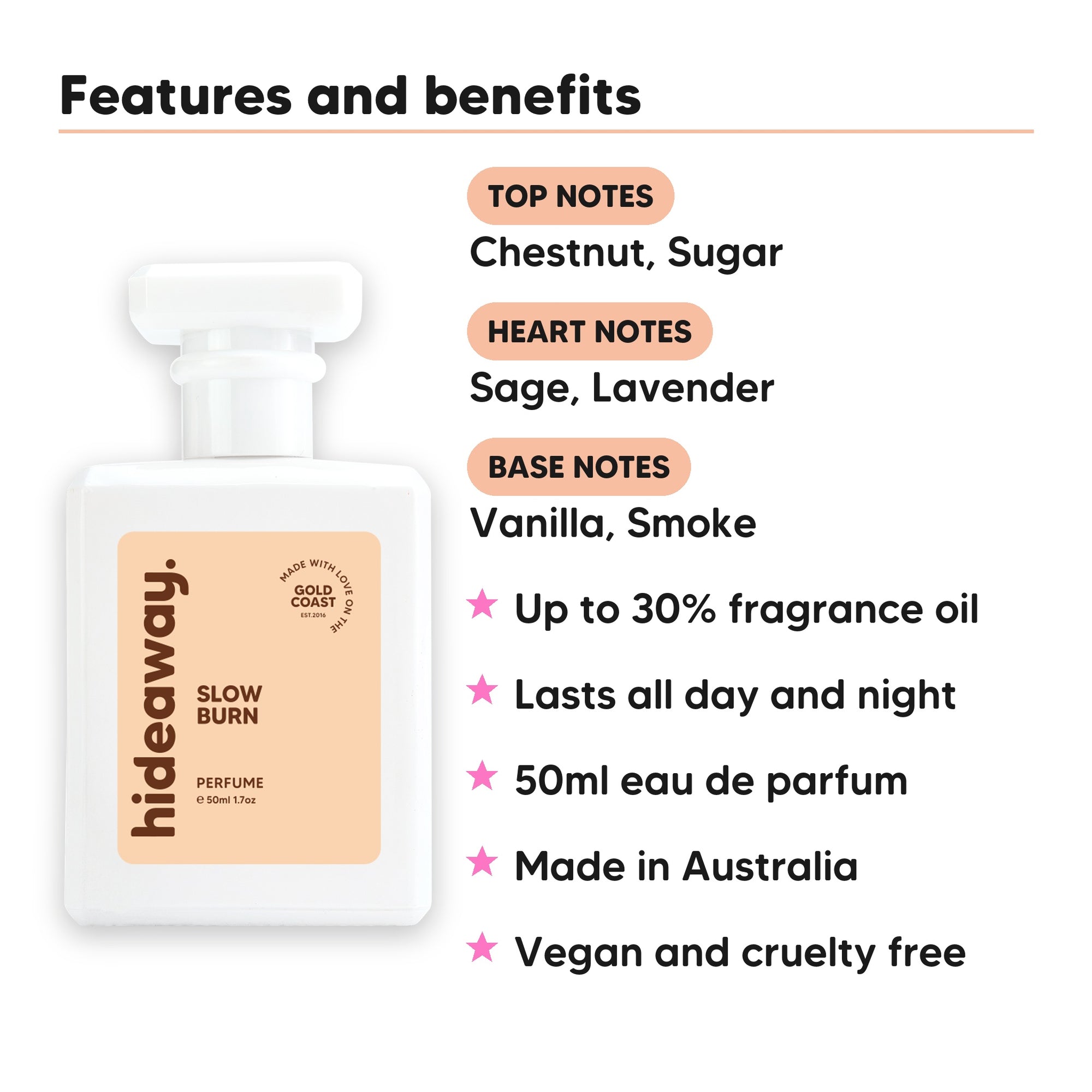 Slow Burn perfume scent notes, top notes Chestnut, Sugar, heart notes Sage, Lavender, base notes Vanilla, Smoke