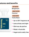 Tonka Touch perfume scent notes, top notes Bergamont, heart notes Coconut, base notes Tonka Bean