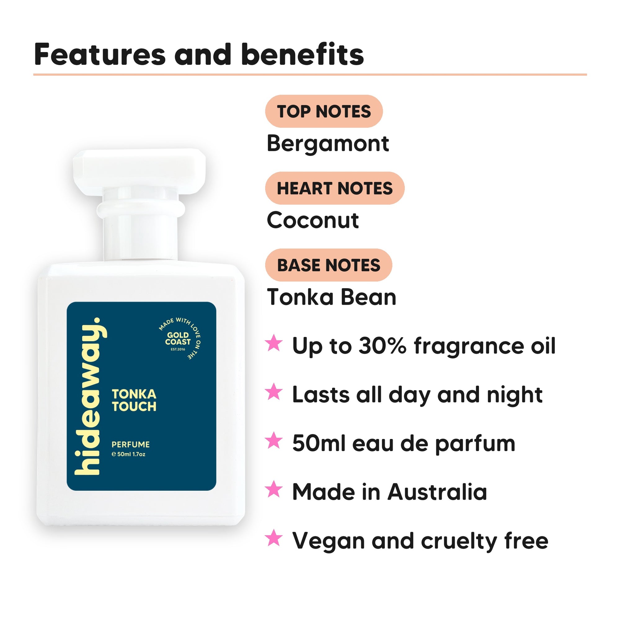Tonka Touch perfume scent notes, top notes Bergamont, heart notes Coconut, base notes Tonka Bean