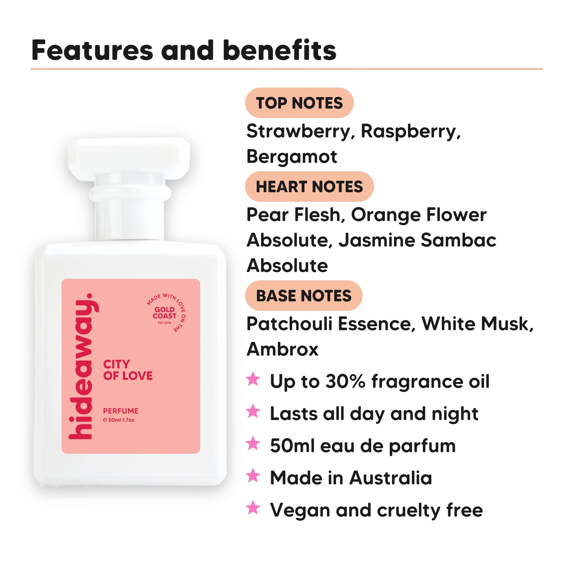 City Of Love perfume scent notes, top notes Strawberry, Raspberry, Bergamot, heart notes Pear Flesh, Orange Flower Absolute, Jasmine Sambac Absolute, base notes Patchouli Essence, White Musk, Ambrox