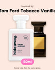 hideaway. Smoke & Sugar perfume 50ml beside the Tom Ford Tobacco Vanille bottle it is inspired by, handmade on the Gold Coast