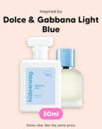 hideaway. Amalfi Air perfume 50ml beside the Dolce & Gabbana Light Blue bottle it is inspired by, handmade on the Gold Coast