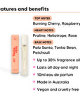 Cherry Blaze Perfume 10ml features, top notes Burning Cherry, Raspberry, heart notes Praline, Heliotrope, Rose, base notes Palo Santo, Tonka Bean, Patchouli, 10ml, vegan and cruelty free