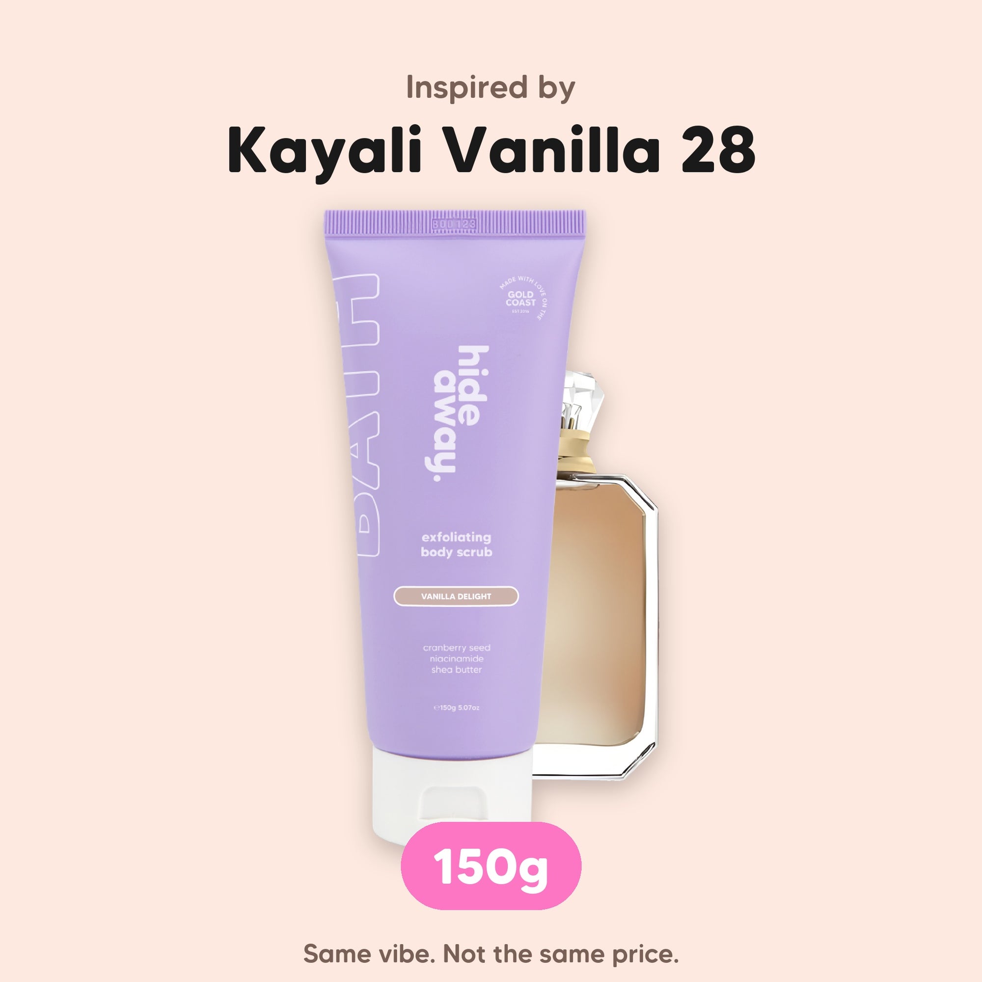 hideaway. Vanilla Delight Body Scrub, inspired by Kayali Vanilla 28, 150g, made in Australia