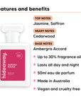 Aurora Rouge perfume scent notes, top notes Jasmine, Saffron, heart notes Cedarwood, base notes Ambergris Accord
