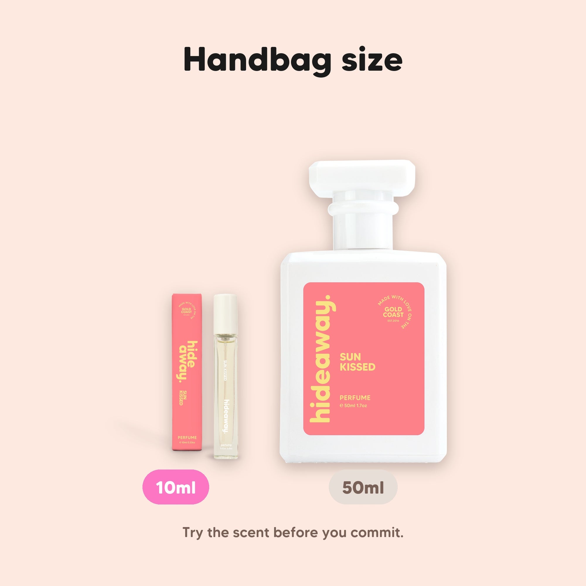 hideaway. Sun Kissed perfume 10ml travel size beside the 50ml bottle, handbag size