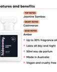 Cosmic Kiss perfume scent notes, top notes Jasmine Sambac, heart notes Cashmeran, base notes Amber