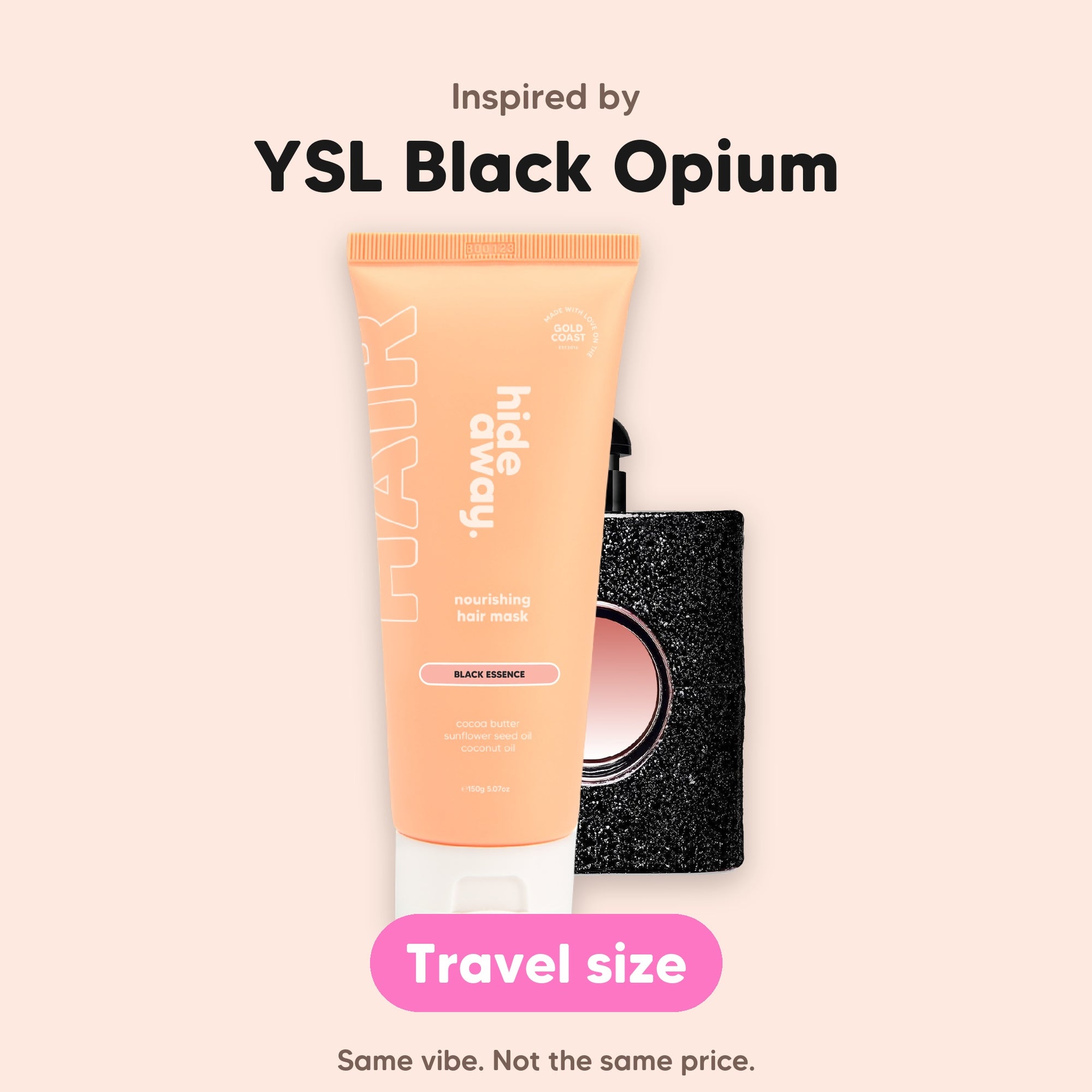 hideaway. Mini Black Essence Hair Mask, inspired by YSL Black Opium, travel size, made in Australia