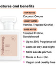 Coco Loco perfume scent notes, top notes Coconut Cream, heart notes Vanilla, Tropical Orchid, base notes Toasted Praline, Sandalwood