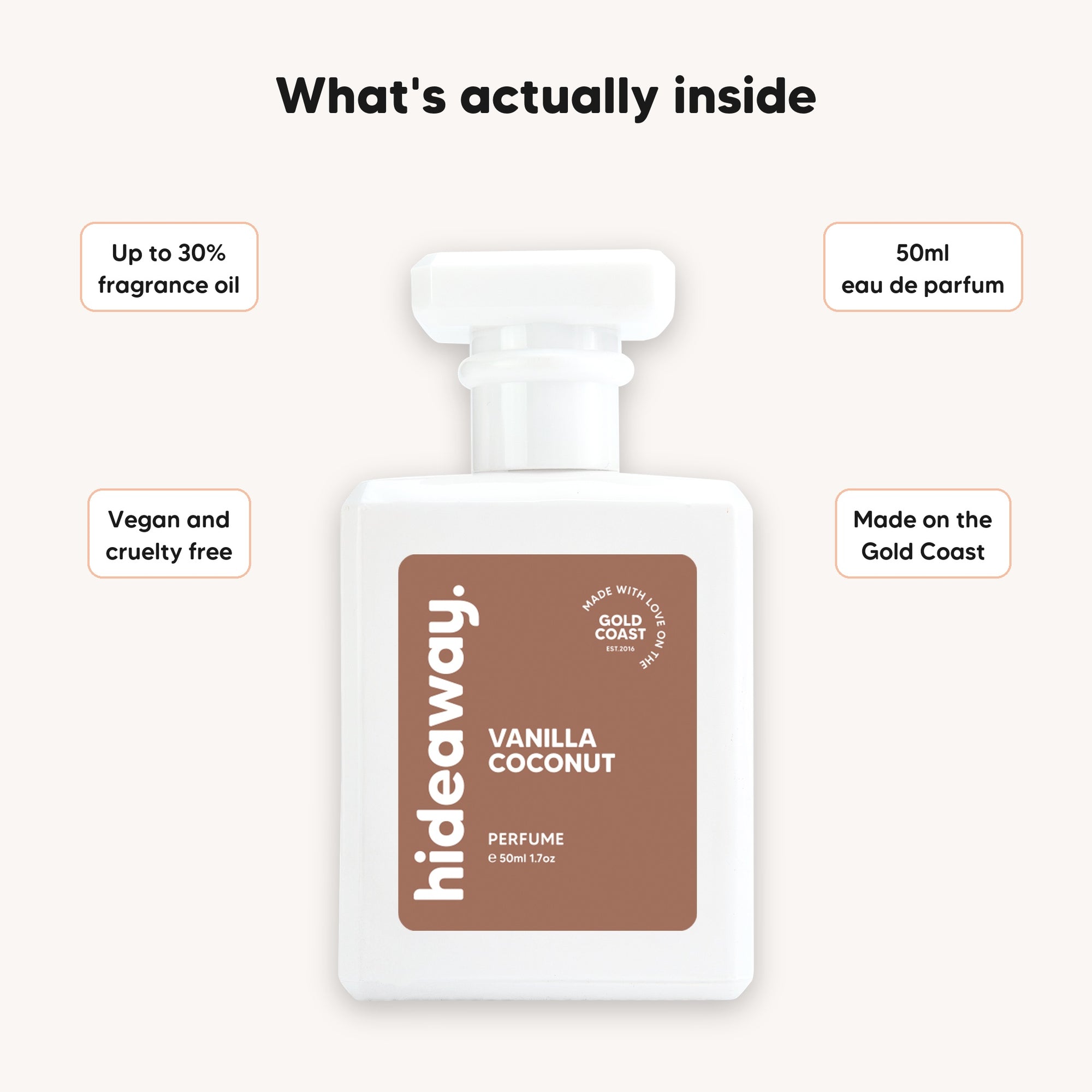 What's inside hideaway. Vanilla Coconut perfume, up to 30% fragrance oil, 50ml eau de parfum, vegan and cruelty free, made on the Gold Coast