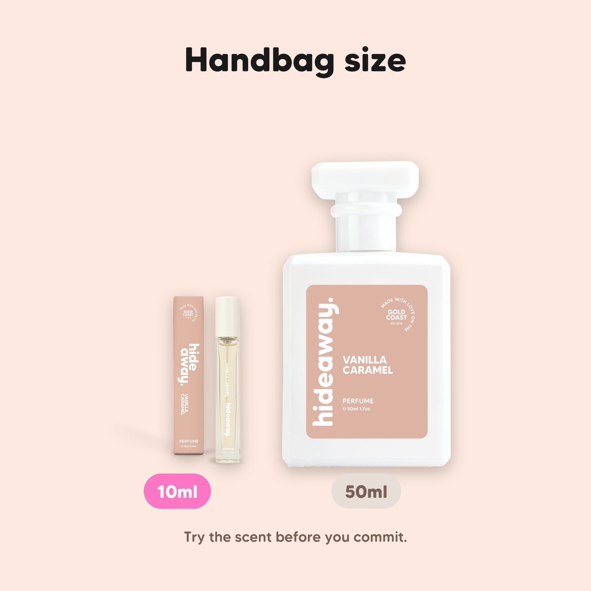 hideaway. Vanilla Caramel perfume 10ml travel size beside the 50ml bottle, handbag size