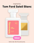 hideaway. Sun Kissed perfume 50ml beside the Tom Ford Soleil Blanc bottle it is inspired by, handmade on the Gold Coast