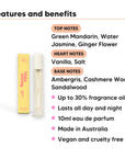 Golden Run Perfume 10ml features, top notes Green Mandarin, Water Jasmine, Ginger Flower, heart notes Vanilla, Salt, base notes Ambergris, Cashmere Wood, Sandalwood, 10ml, vegan and cruelty free