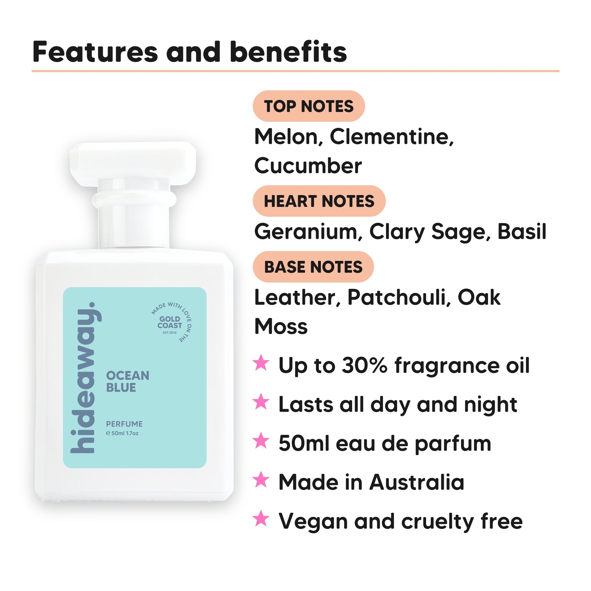 Ocean Blue perfume scent notes, top notes Melon, Clementine, Cucumber, heart notes Geranium, Clary Sage, Basil, base notes Leather, Patchouli, Oak Moss