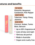 Sun Kissed Perfume 10ml features, top notes Pistachio, Bergamot, Cardamom, Pink Pepper, heart notes Tuberose, Ylang-Ylang, Jasmine, base notes Coconut, Amber, Tonka Bean, Benzoin, 10ml, vegan and cruelty free