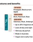 Kings Conquest Perfume 10ml features, top notes Pineapple, Blackcurrant, Apple, heart notes Birch, Patchouli, Rose, base notes Oakmoss, Musk, Ambergris, 10ml, vegan and cruelty free