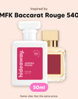 hideaway. Aurora Rouge perfume 50ml beside the MFK Baccarat Rouge 540 bottle it is inspired by, handmade on the Gold Coast