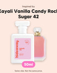 hideaway. Sugar Fix perfume 50ml beside the Kayali Vanilla Candy Rock Sugar 42 bottle it is inspired by, handmade on the Gold Coast
