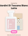 hideaway. Ivory Bloom perfume 50ml beside the Giardini Di Toscana Bianco Latte bottle it is inspired by, handmade on the Gold Coast