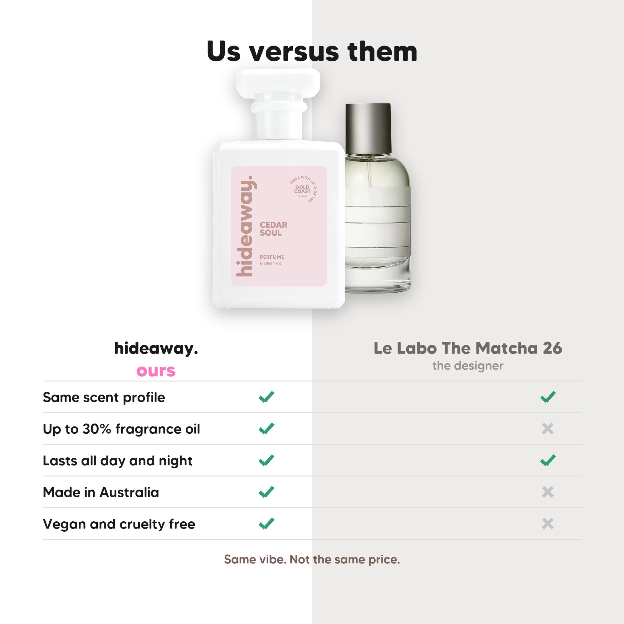 hideaway. Cedar Soul perfume compared to Le Labo The Matcha 26, same scent profile and up to 30% fragrance oil, made in Australia, vegan and cruelty free