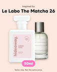 hideaway. Cedar Soul perfume 50ml beside the Le Labo The Matcha 26 bottle it is inspired by, handmade on the Gold Coast