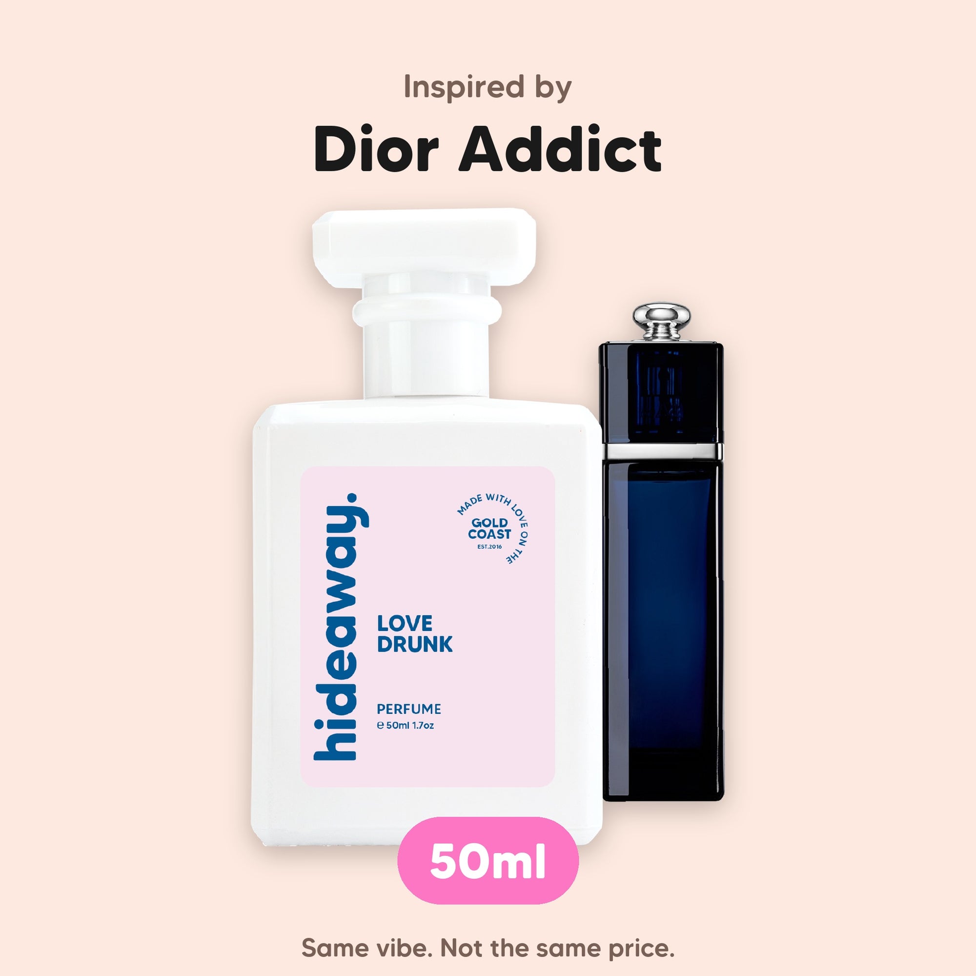 hideaway. Love Drunk perfume 50ml beside the Dior Addict bottle it is inspired by, handmade on the Gold Coast