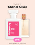 hideaway. Sweet Heart perfume 50ml beside the Chanel Allure bottle it is inspired by, handmade on the Gold Coast