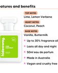 Lime Coconut perfume scent notes, top notes Lime, Lemon Verbena, heart notes Coconut, Peach, base notes Vanilla, Buttermilk