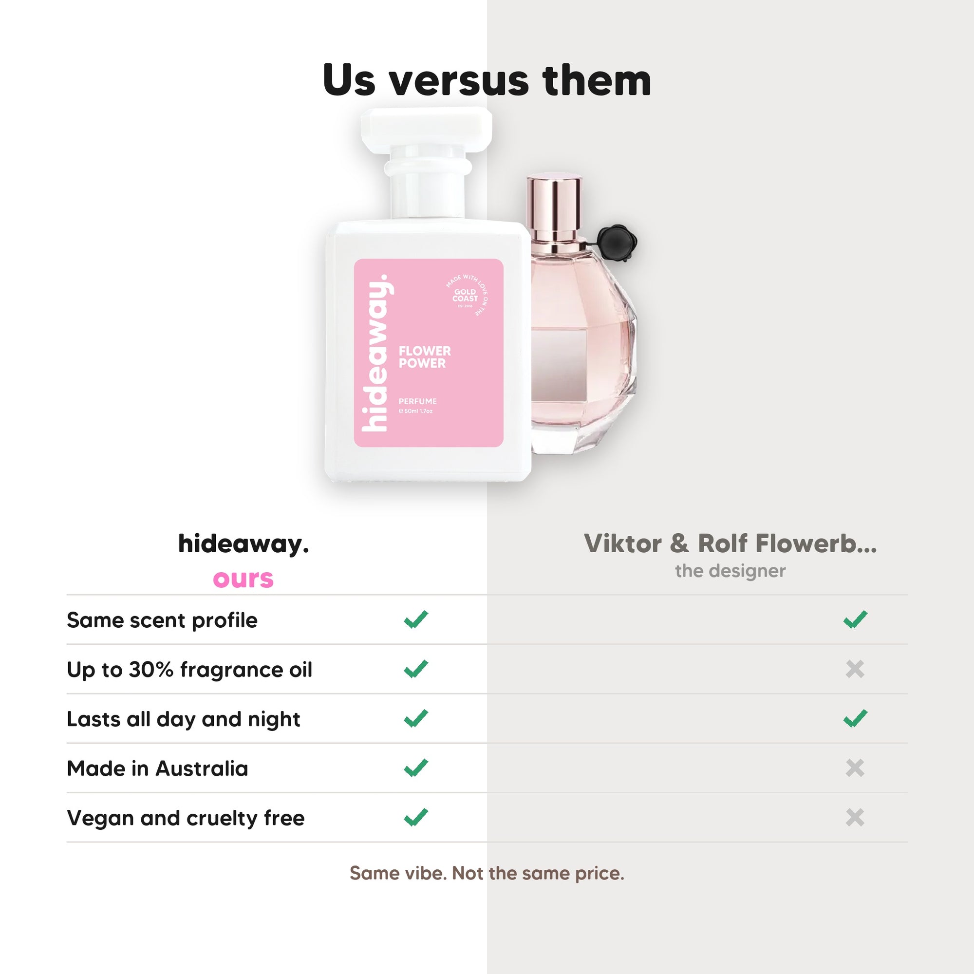 hideaway. Flower Power perfume compared to Viktor &amp; Rolf Flowerbomb, same scent profile and up to 30% fragrance oil, made in Australia, vegan and cruelty free
