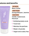 Mini Black Essence Body Scrub features, top notes Black Coffee, heart notes Orange Blossom, Jasmine, base notes Vanilla, Cedarwood, Patchouli, travel size, vegan and cruelty free