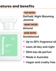 Perfect Day perfume scent notes, top notes Daffodil, Night Blooming Jasmine, heart notes Almond, base notes Sandalwood
