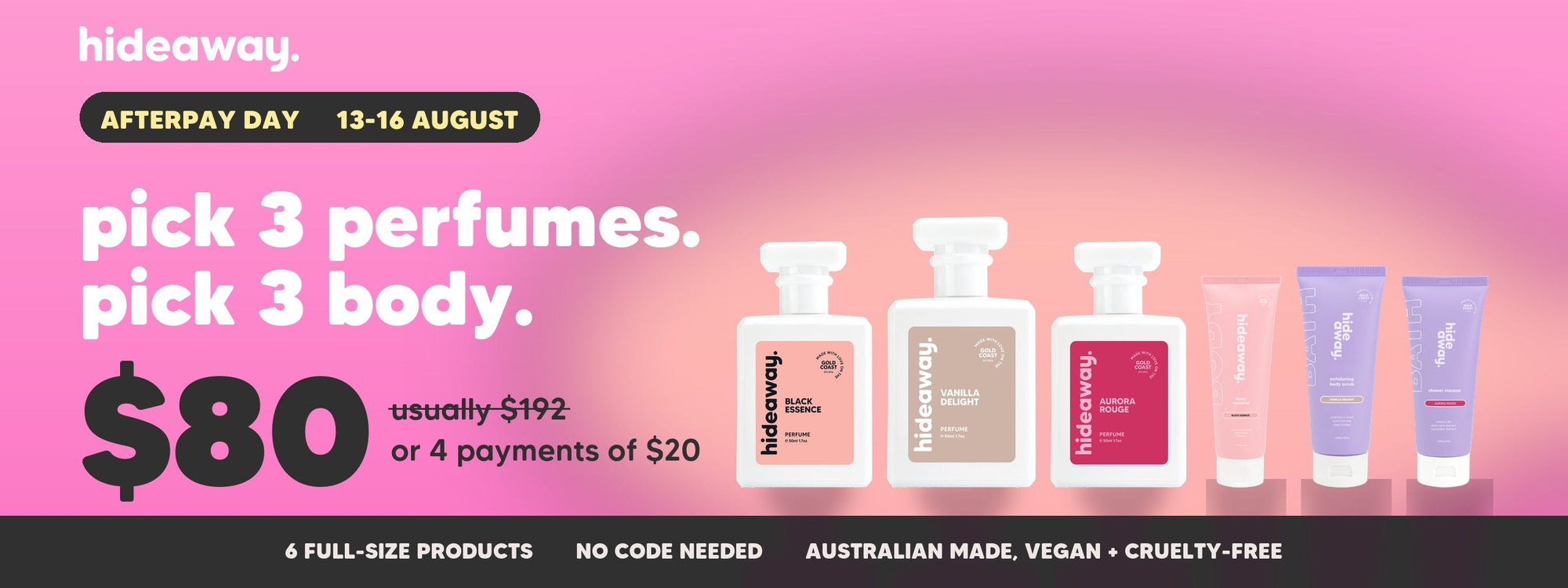 Afterpay Day 2026 desktop hero — pick 3 perfumes, pick 3 body, $80