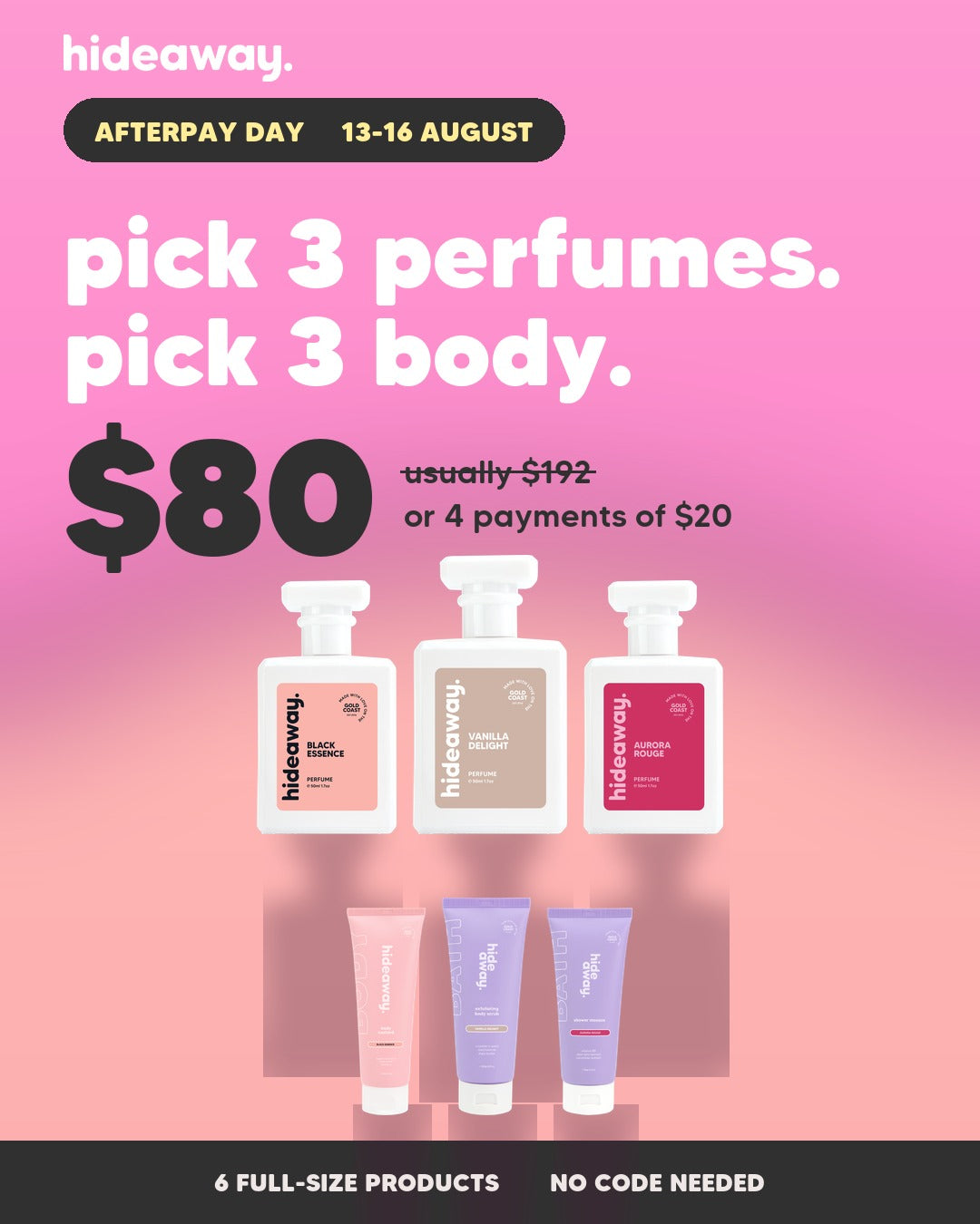 Afterpay Day 2026 mobile hero — pick 3 perfumes, pick 3 body, $80