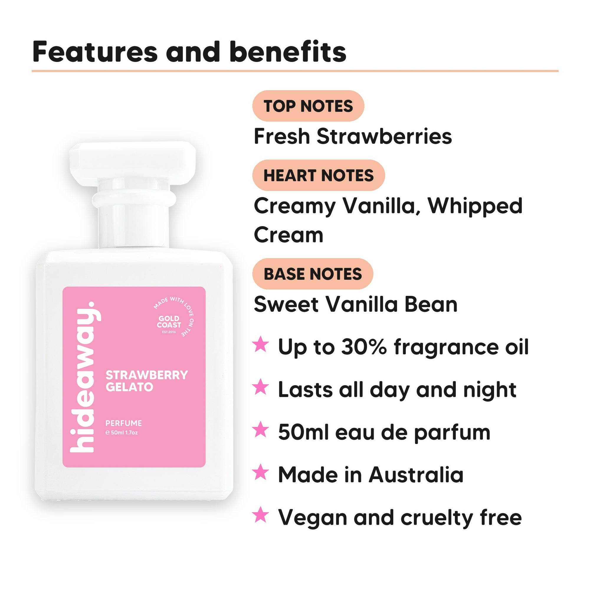 Strawberry Gelato perfume scent notes, top notes Fresh Strawberries, heart notes Creamy Vanilla, Whipped Cream, base notes Sweet Vanilla Bean