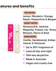 Sweet Heart Perfume 10ml features, top notes Lemon, Mandarin, Orange, Peach, Passionfruit & Bergamot., heart notes Honeysuckle, Jasmine, Magnolia, Freesia, Lily, Orange Blossom, Peony & Rose., base notes Vanilla, Sandalwood, Amber, Vetiver & Patchouli., 10ml, vegan and cruelty free