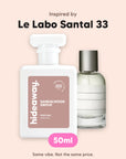 hideaway. Sandalwood Grove perfume 50ml beside the Le Labo Santal 33 bottle it is inspired by, handmade on the Gold Coast
