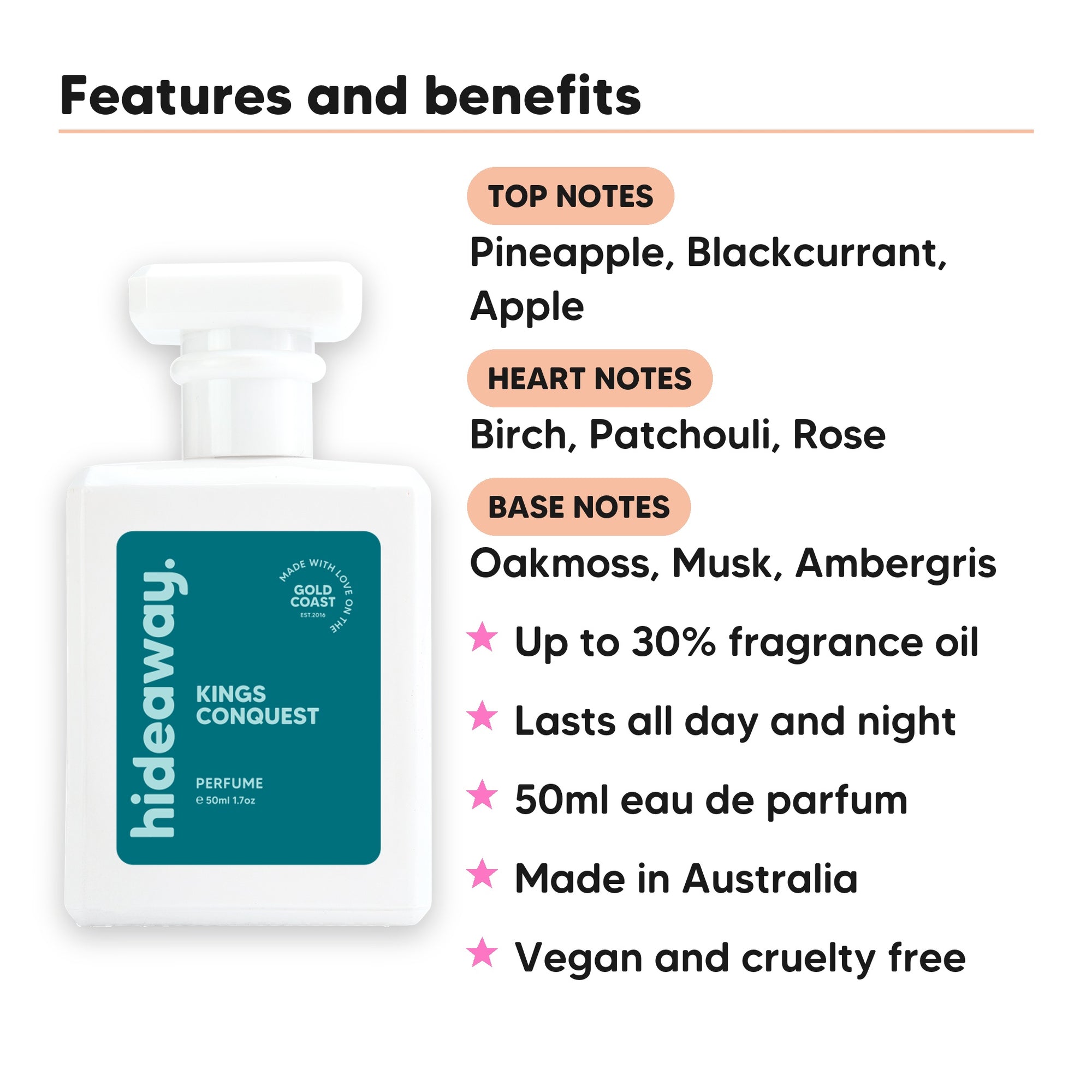 Kings Conquest perfume scent notes, top notes Pineapple, Blackcurrant, Apple, heart notes Birch, Patchouli, Rose, base notes Oakmoss, Musk, Ambergris