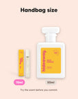 hideaway. Wild Mango perfume 10ml travel size beside the 50ml bottle, handbag size