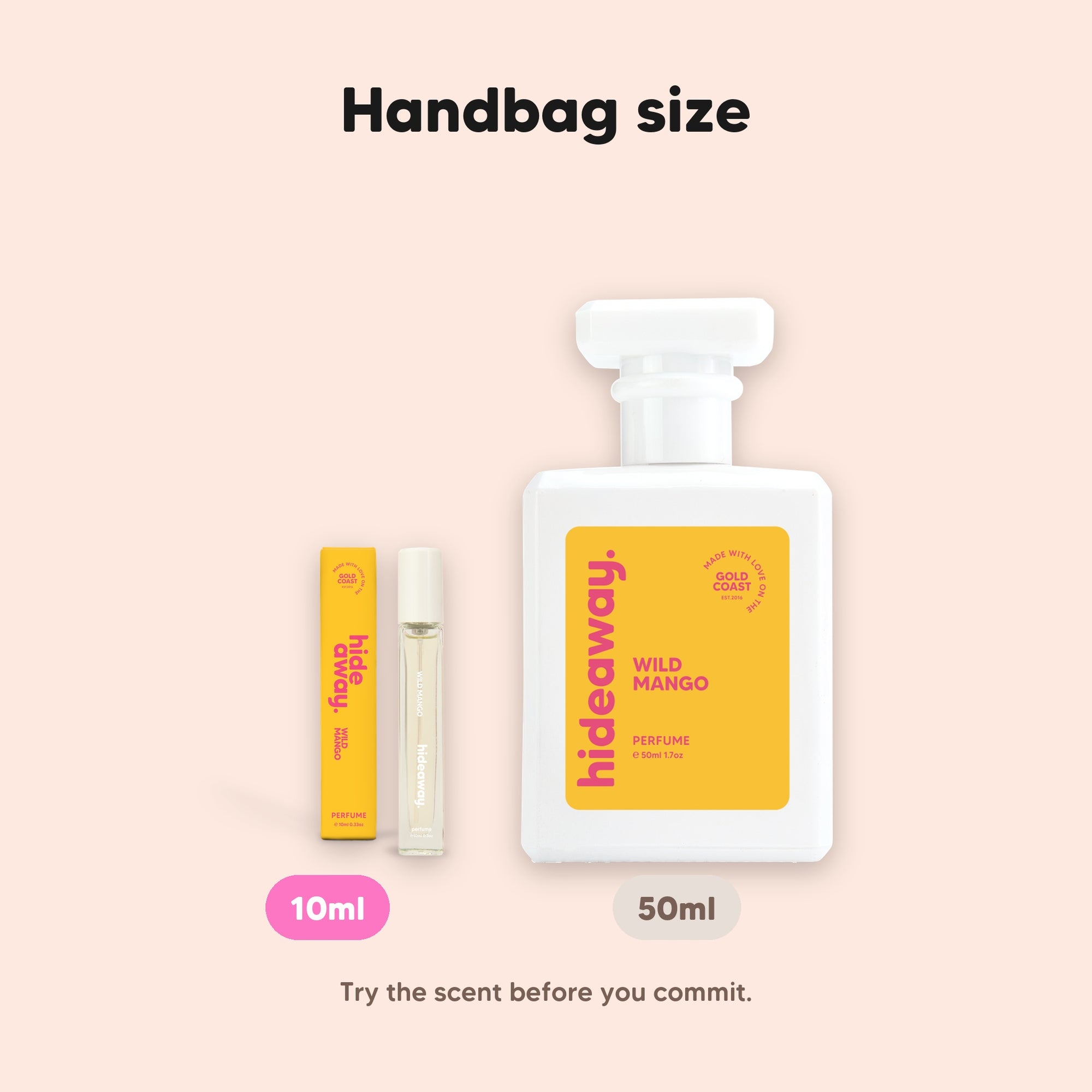 hideaway. Wild Mango perfume 10ml travel size beside the 50ml bottle, handbag size